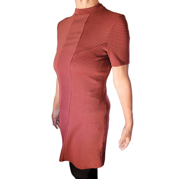 TOPSHOP Red Black Mock Neck Dress Sz 10 Quilted Midi Exposed Zipper Disco Career - Picture 9 of 9
